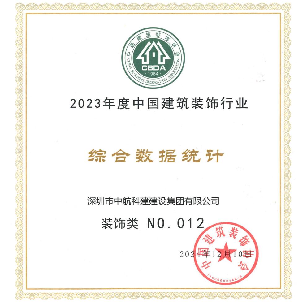 喜訊| 中航科建位居2023年度中國建筑裝飾行業百強前列